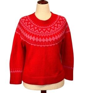 Talbots sweater Fair Isle crew red wool blend long sleeve pink pattern Sz XLP